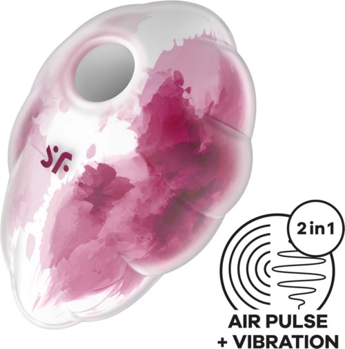 Earbuds with pink and white design, labeled 'J.F.', showing air pulse and vibration features.