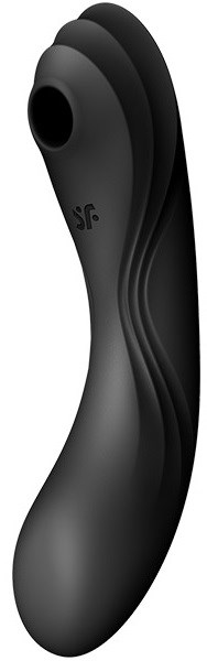A black, curved device with a hole at one end, looks like a personal massager or therapeutic tool.