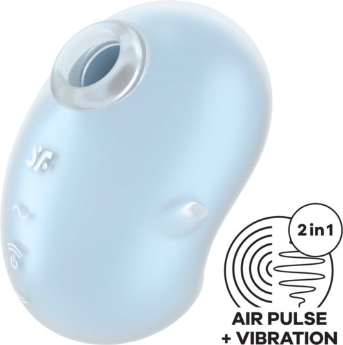 A small, white, oval-shaped device with buttons, some icons, and a label saying '2 in 1' for air pulse and vibration.