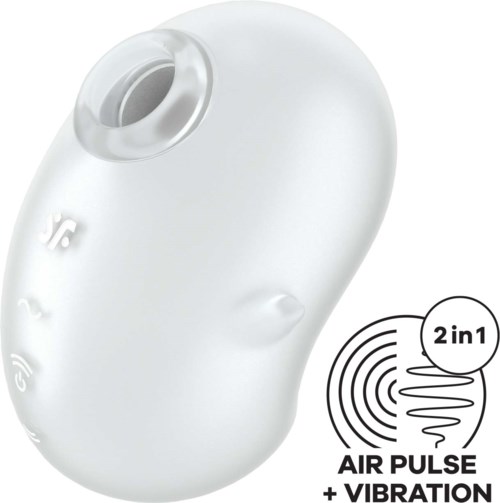 A small white device with an opening, labeled as 2 in 1 for air pulse and vibration. It has some icons on the side.