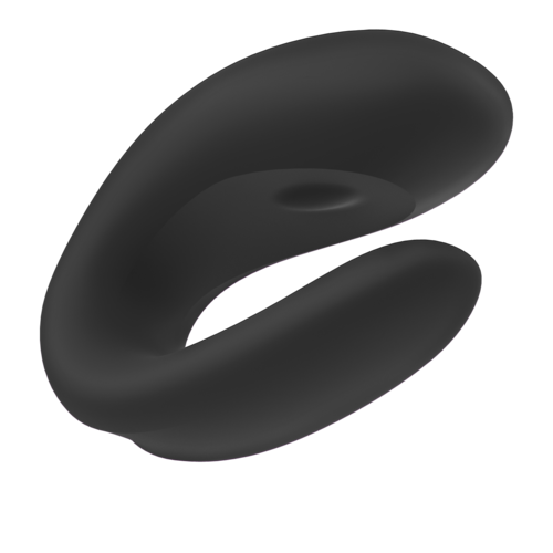 Eine schwarze, abstrakte 3D-Form, die wie eine verdrehte, hohle Schleife oder Ring aussieht.