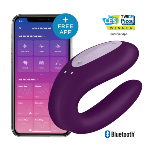 En lila bärbar enhet med böjt form, bredvid en smartphoneskärm för att styra träning, med Bluetooth-logga.