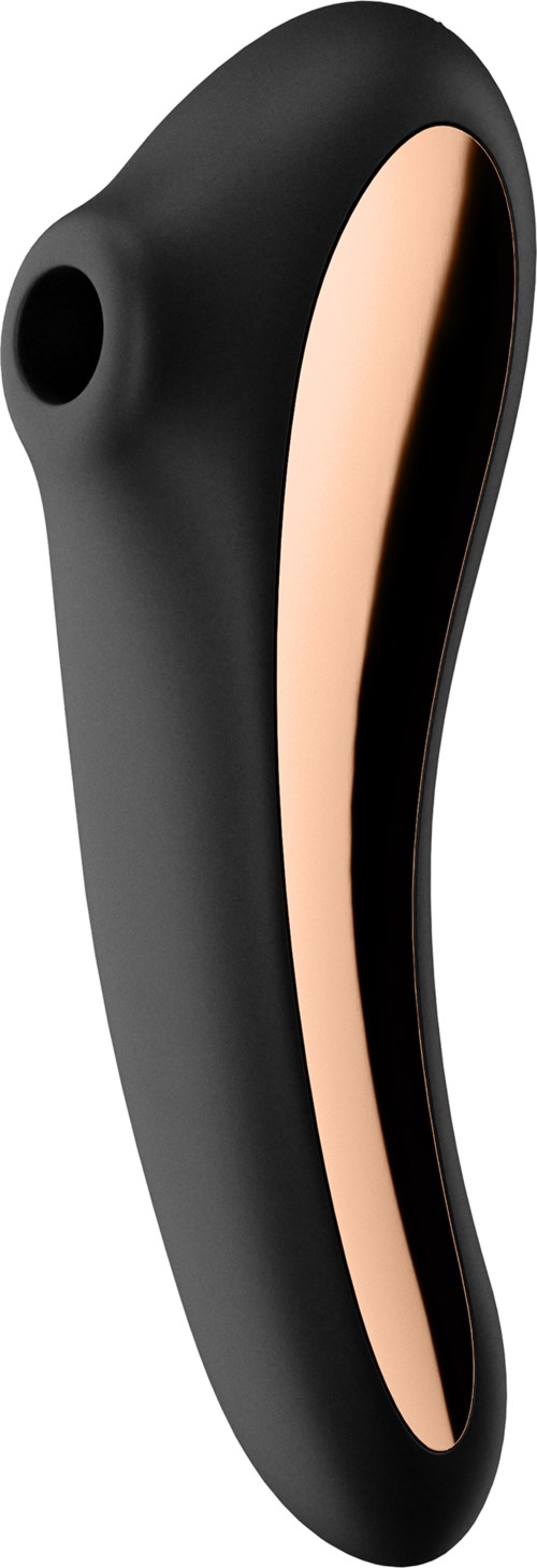 A black and pink personal care device, curved with a small hole at the top, designed for cleaning or exfoliating.