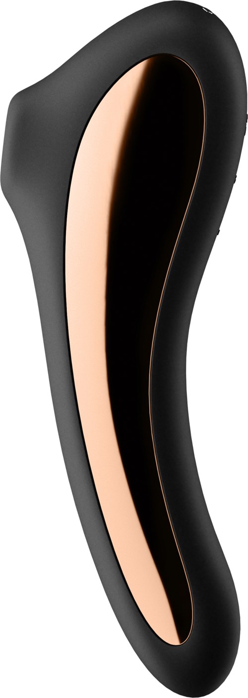 A sleek black and gold curved electronic device with a modern design.