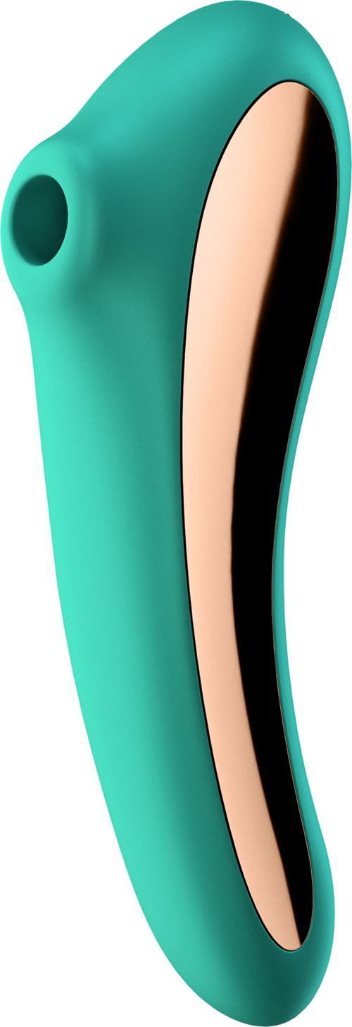 En teal och persikofärgad enhet med en kurvad ergonomisk design och en cirkulär knapp upptill.