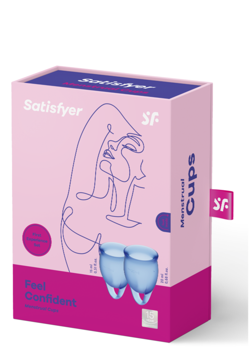 Opakowanie produktów stomatologicznych w różu i fioletach, pokazujące dwa zęby i słowa takie jak "czuj się pewny siebie" i "satisfyer."