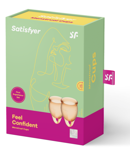 En låda med menskoppar med en minimalistisk linjeteckning av en kvinna och varumärket Satisfyer.