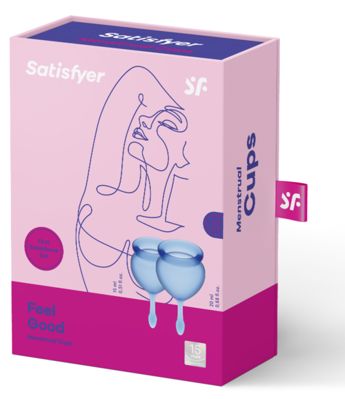 Die Box enthält Menstruationscups, mit rosa und lila Farben, betont Komfort und Zufriedenheit.