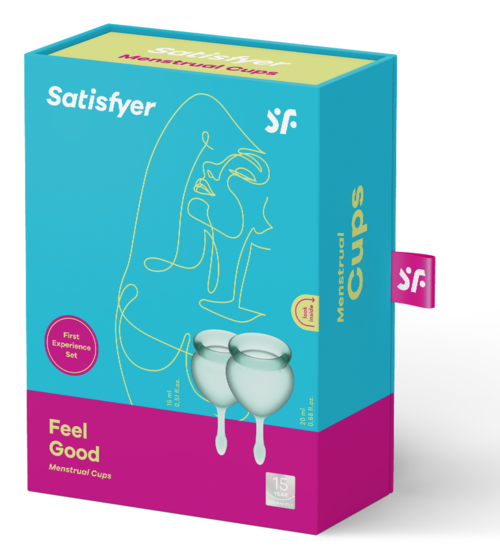 En box med menstrualkoppar i blå och rosa design, visar en kontur av en kvinna och två koppar.