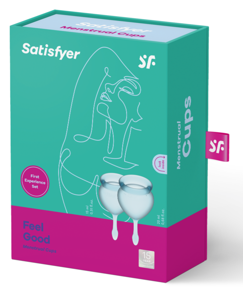 En box märkt Satisfyer, med en illustration av två sammanflätade ansikten och två vita sfärer längst ner.