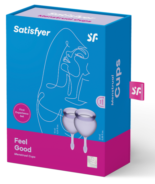 Verpackung für Menstruations Cups mit einfacher Linienzeichnung, pink und blau, sowie den Worten "Feel Good" und "Satisfyer."