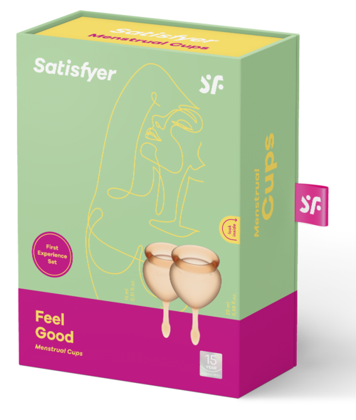 Bilden visar menstruationskoppar, en linjeteckning av ett ansikte och texten 'Feel Good' och 'First Experience Set'.