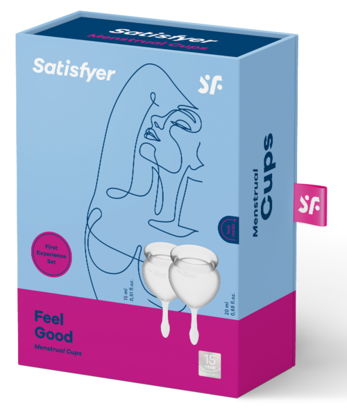 Förpackning för menskoppar med enkel linjeteckning och rosa etikett, som visar en känsla av gott välbefinnande.