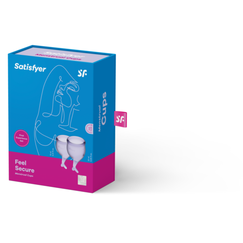 Blå og rosa eske med Satisfyer menstruasjonskopper, logo, tekst og grafisk linjeillustrasjon samt bilde av produktet.