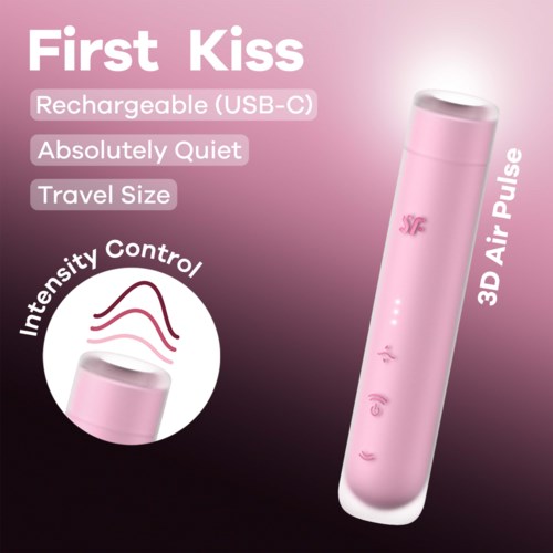 A pink portable device with labeled features, showing it is rechargeable, quiet, and travel-friendly. An illustration indicates adjustable intensity.