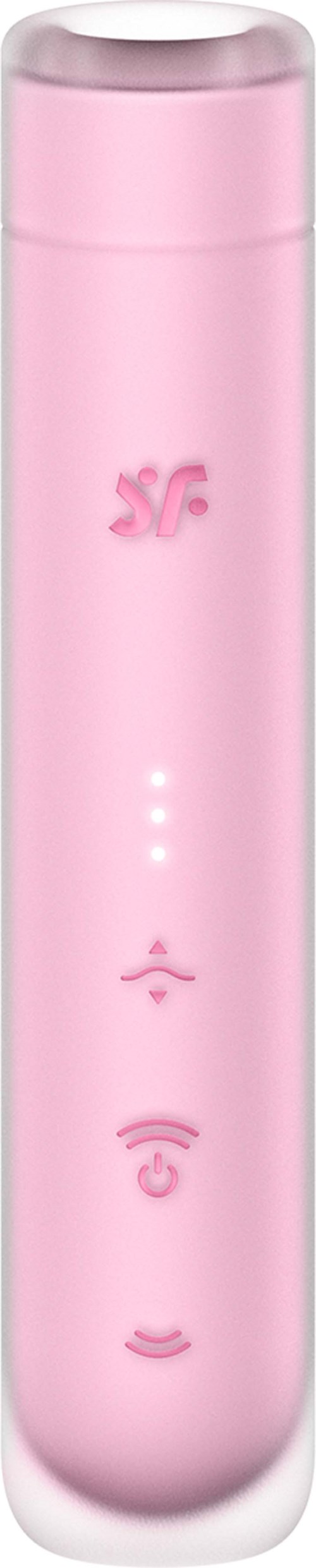 A pink cylindrical device with control buttons and LED lights, possibly a portable speaker or beauty gadget.