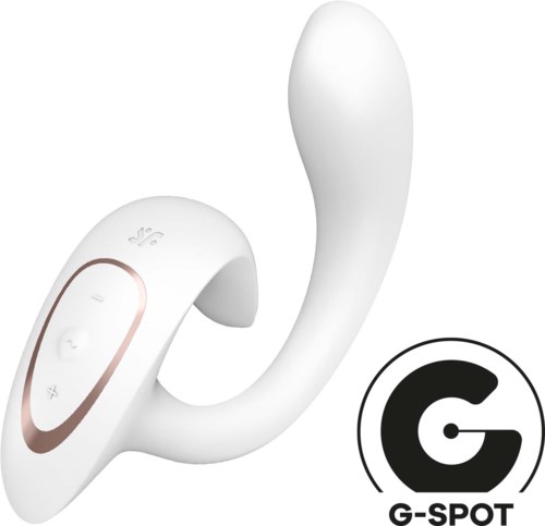 Białe przenośne urządzenie z przyciskami, przeznaczone do użytku osobistego, z logo G-SPOT.