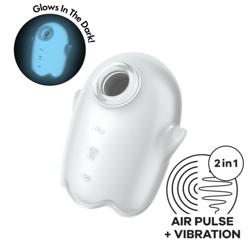 A white device with a large round opening, showing glow-in-the-dark feature and fingerprint sensor, emitting air pulses and vibrations.