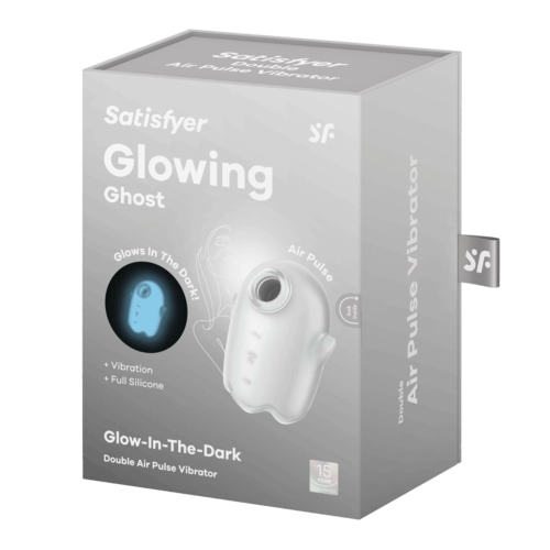 A white device with a hole, inside a box labeled 'Satisfyer Glowing Ghost' and 'Double Air Pulse Vibration' with features.