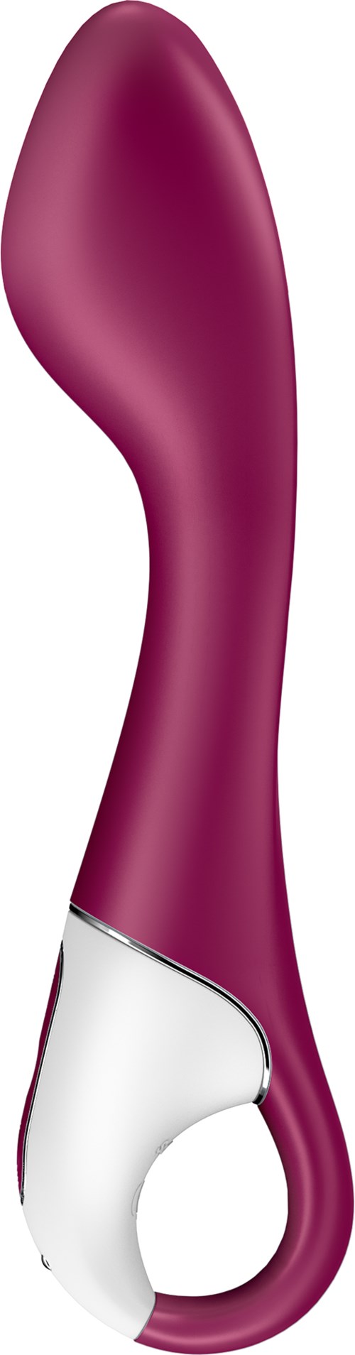 Käyräinen, violetti ja valkoinen henkilökohtainen hierontalaite tai värinälaite, jossa on kahva. Se on sileä ja ergonominen.