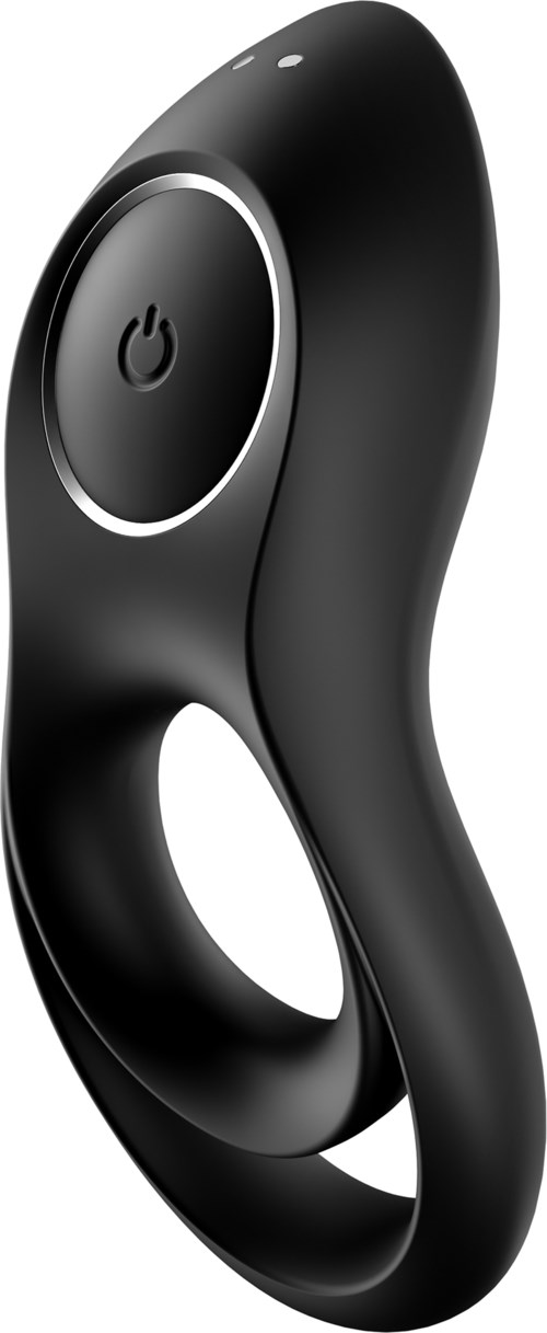 Ein schwarzes tragbares Gerät mit einem Netzschalter, gebogenem Design und einem Ring zum Anbringen oder Verwenden.