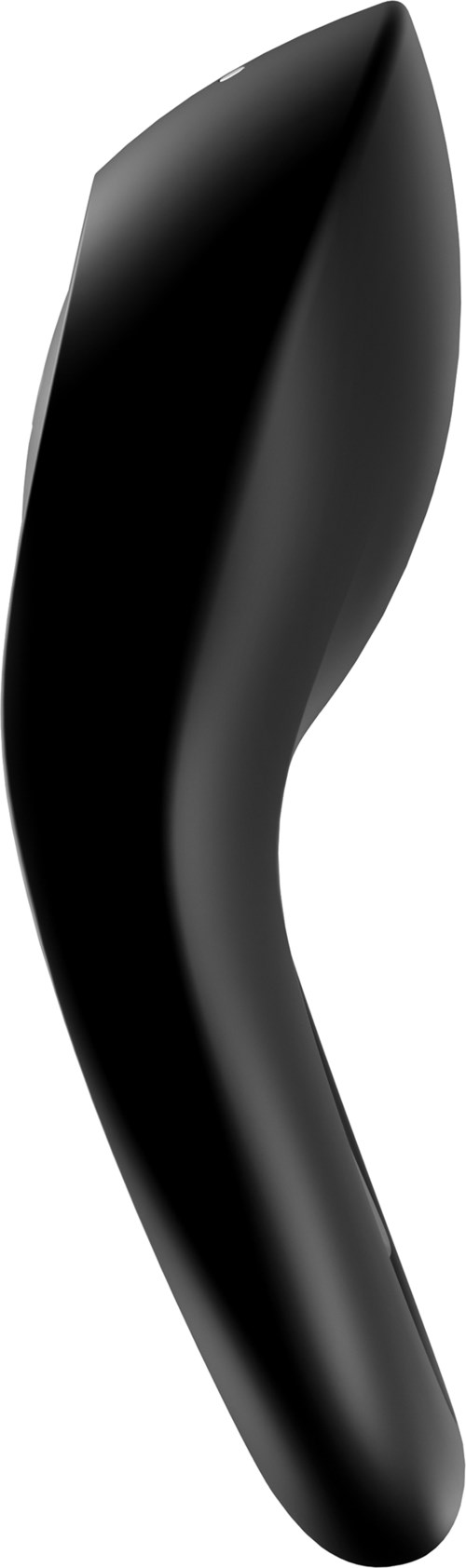 Ein elegantes, schwarzes, gebogenes Objekt mit spitz zulaufender Spitze, ähnlich einem modernen ergonomischen Werkzeug oder Spielzeug.