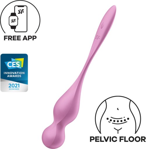 Ein rosa Gerät mit gebogenem Griff, ausgezeichnet für Innovation, und Werbeanzeigen für eine kostenlose App.