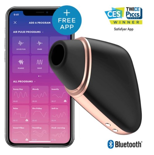 Wireless ear device with a mobile app showing various sound programs and Bluetooth connection.