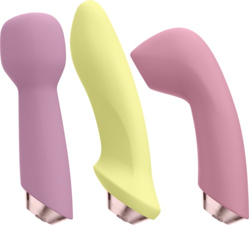 Drei bunte Schönheitsgeräte in Pink und Gelb, geformt wie kleine Werkzeuge oder Massagegeräte.