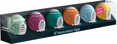 Set of six colorful eggs labeled with different feelings: Riffle, Bubble, Naughty, Crunchy, Satisfyer, Flare.