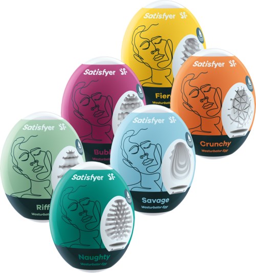 Five colorful bottles labeled Satisfyer, each with different names like Naughty and Fierce, likely containing personal care products.