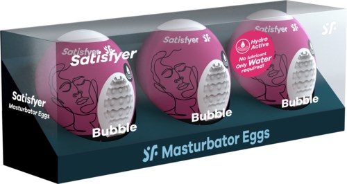 Three pink eggs labeled 'Satisfyer' in a box, with illustrations of faces, and text about being waterproof and no allergies.