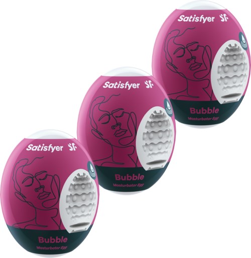 Three pink and white vibrator eggs labeled 'Bubble' with a line drawing of a face. Each has a textured white part.
