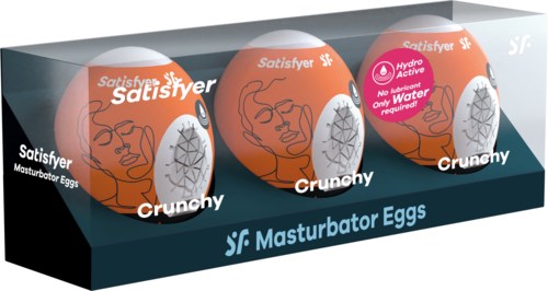 Drei orangefarbene Eier mit Illustrationen und Text, gekennzeichnet als Masturbator Eier in einem schwarzen Display.