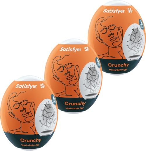 Zwei orange-schwarze Behälter mit einer Strichzeichnung eines Frauengesichts und den Worten "Satisfyer" und "Crunchy."