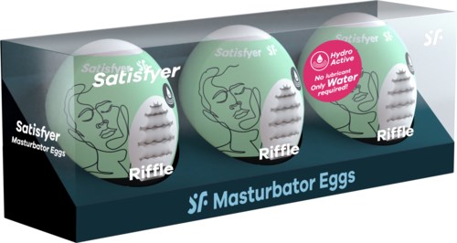 Toy eggs with artwork and labels for adult masturbation items in a display box.