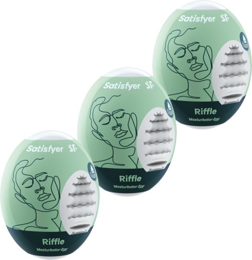 Three green oval packages with a line drawing of a face, labeled 'Satisfyer Riffle Masturbator 5g' and a white textured insert.