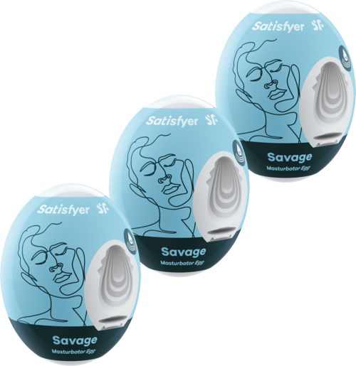 Drei blaue eiförmige Verpackungen mit der Aufschrift 'Satisfyer Savage' für Masturbation, mit Strichzeichnungen von Gesichtern auf der Verpackung.