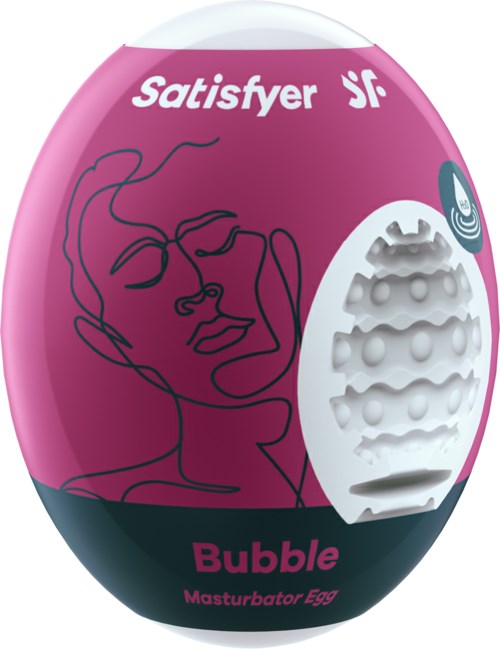 Pink and dark blue packaging with a line art face and a textured egg shape, labeled as a masturbation egg.