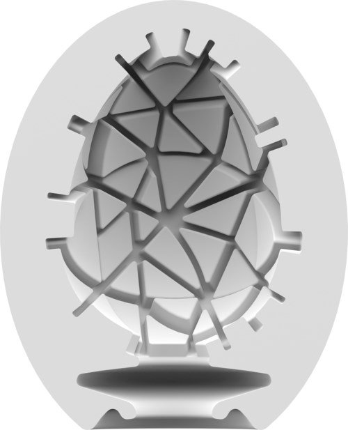 A decorative egg with cracks, broken into pieces, standing on a base inside a rounded frame.