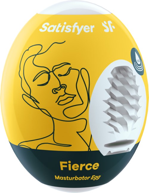 Förpackningen visar en gul och svart design med ett linjetecknat ansikte, varumärket "Satisfyer" och produkten "Fierce."