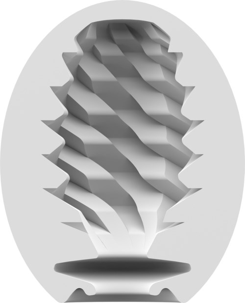 En tredimensionell, abstrakt skulptur med taggiga, lagerförda kanter och en slät bas i gråskala.