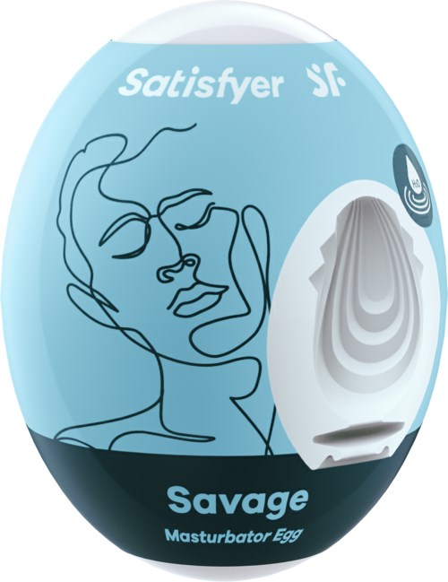 A blue egg-shaped container with a line drawing of a face and text, including "Satisfyer" and "Savage."