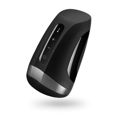 Ein schwarzer Massagegerät mit Bedientasten, einem Silberstreifen und einem eleganten, ergonomischen Design.