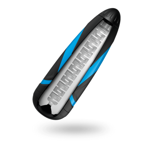 Ein kapselähnliches Objekt mit schwarzem und blauen Design enthält eine weiße Innenkomponente mit Rillen.