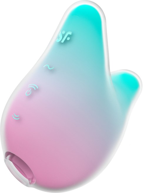 A small, colorful device with a gradient of pink, blue, and lavender, shaped like a hand making a peace sign.