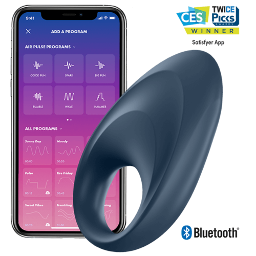 En smartphone app styr en bärbar enhet för avslappning eller terapi, med ett CES-pris och Bluetooth-logga.
