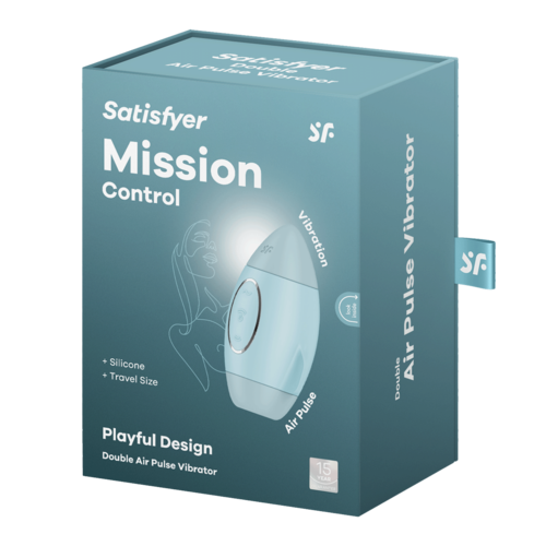 Satisfyer Mission Control -laatikko, jossa on kaksoislennon hieromasulatins, tyylikäs muotoilu ja ominaisuudet teksteinä.