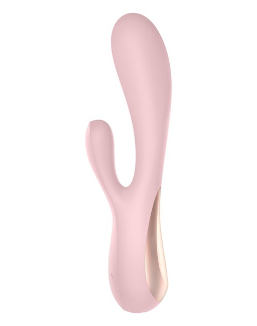 A pink, curved device with two prongs, likely a personal massager or vibrator, sleek and smooth in design.