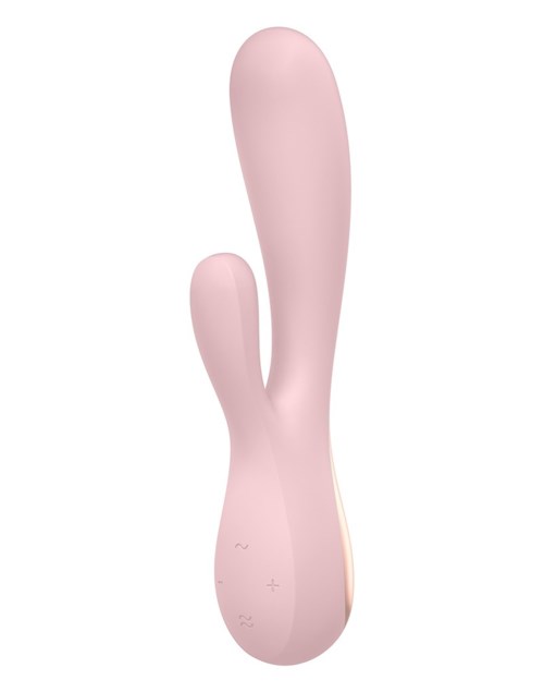 A pink, rabbit-shaped vibrator with two extensions, one longer and one shorter, and control buttons at the base.